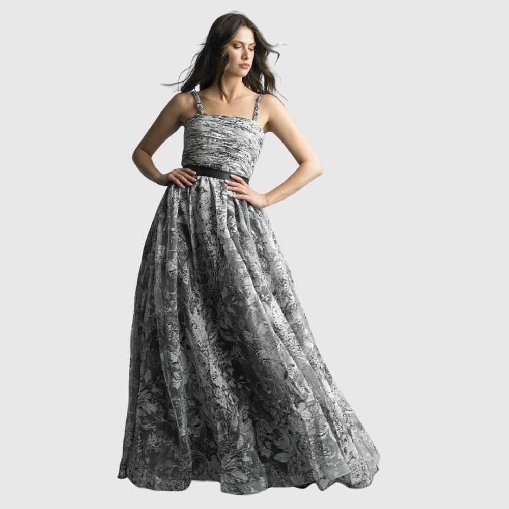 Basix Black Label Dress Gray Floral Maxi Applique Overlay Evening Gown Size 6